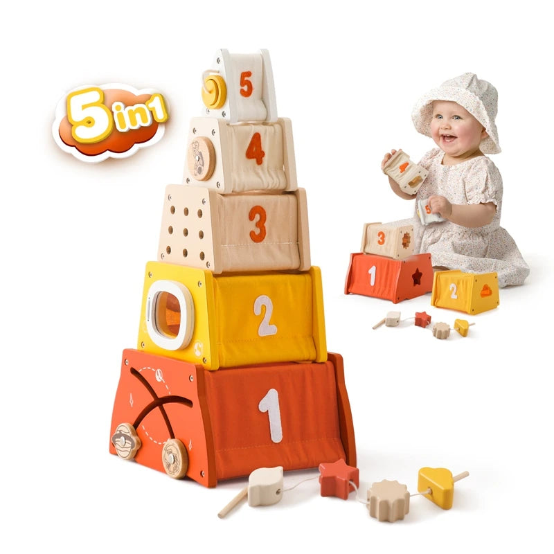 Wooden Rocket 5-in-1 Toy Set - Multifunctional Shape Cognitive Toy and Beaded Montessori Activity for Babies