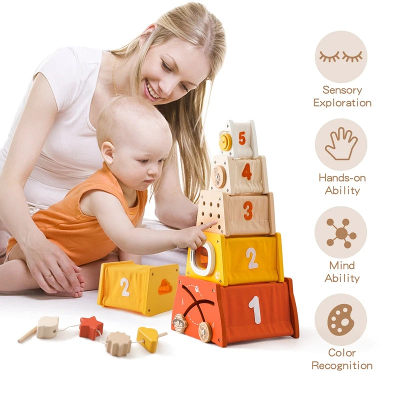 Wooden Rocket 5-in-1 Toy Set - Multifunctional Shape Cognitive Toy and Beaded Montessori Activity for Babies