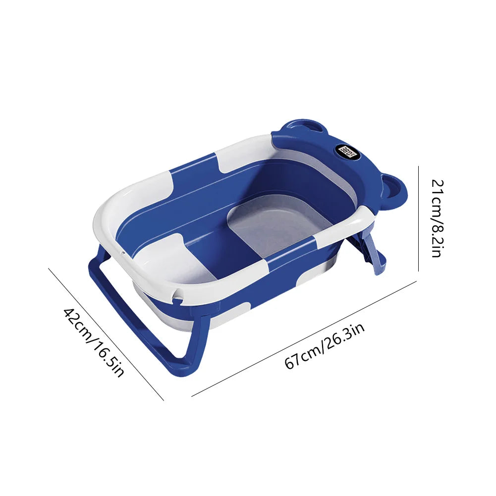 Silicone Baby Bathtub with Real-time Temperature Sensor, Non-Slip Base, Folding Cushion, and Bathroom Basket