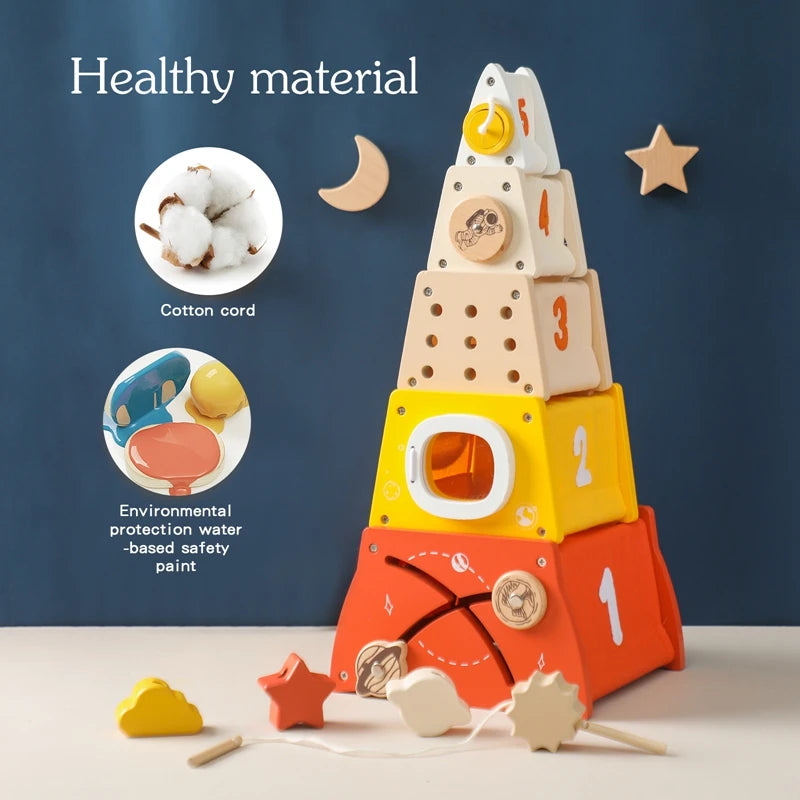 Wooden Rocket 5-in-1 Toy Set - Multifunctional Shape Cognitive Toy and Beaded Montessori Activity for Babies