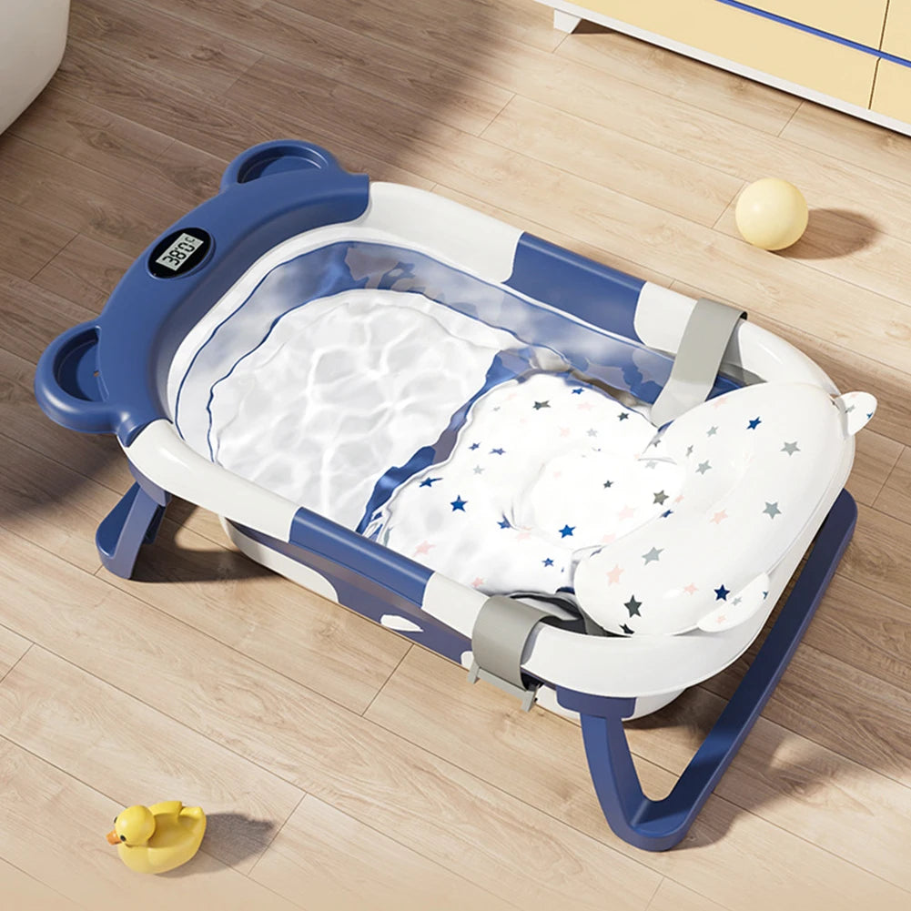 Silicone Baby Bathtub with Real-time Temperature Sensor, Non-Slip Base, Folding Cushion, and Bathroom Basket